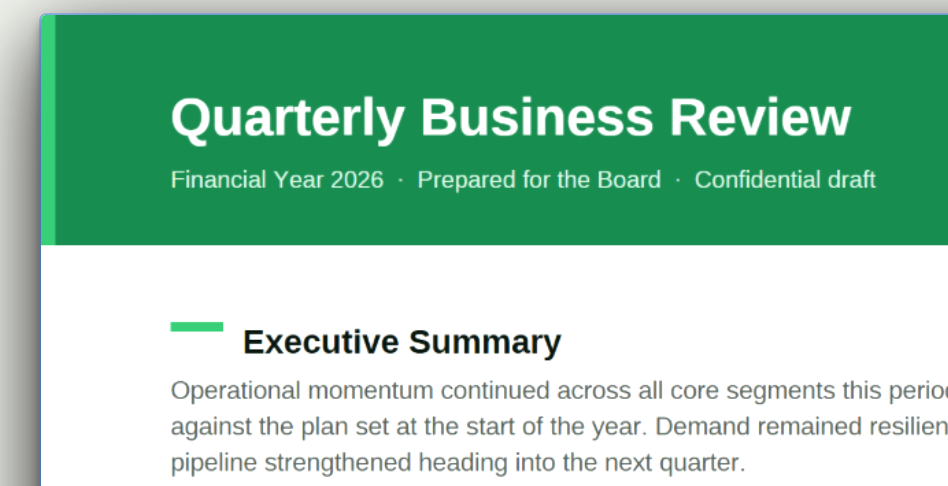 A rendered PDF page — headings, summary and charts