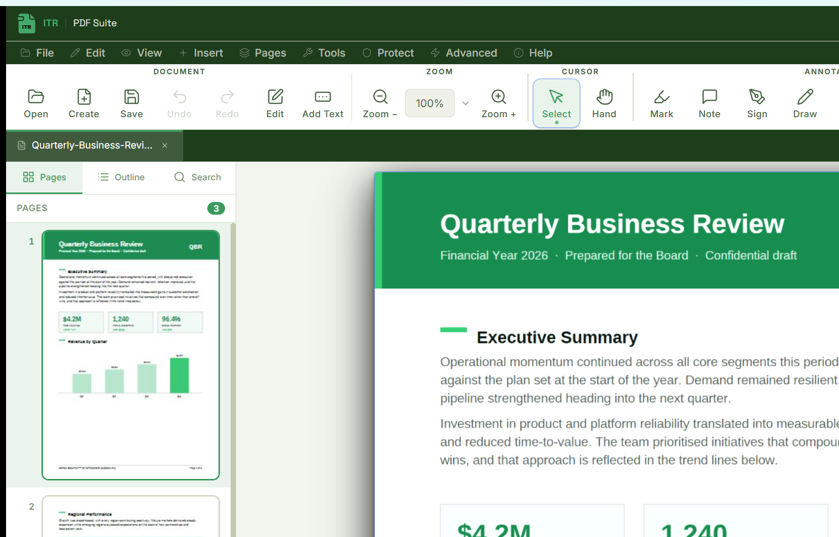 ITR PDF Suite — viewing and editing a document on the desktop, all on your device